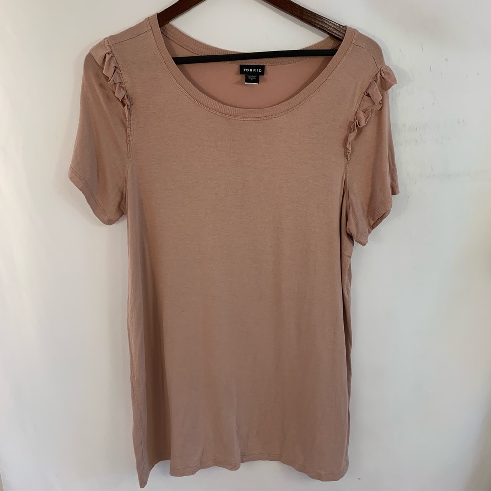 Torrid 1 Top Super Soft Ruffle Plus Size 1X Pink Stretch Blouse Pink Long Tunic